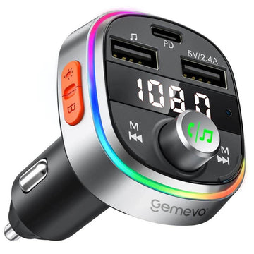 Modulator FM Gemevo® Bluetooth 5.0, Transmitator FM cu functie de incarcator auto quickcharge 3.0 si port USB C, Gemevo