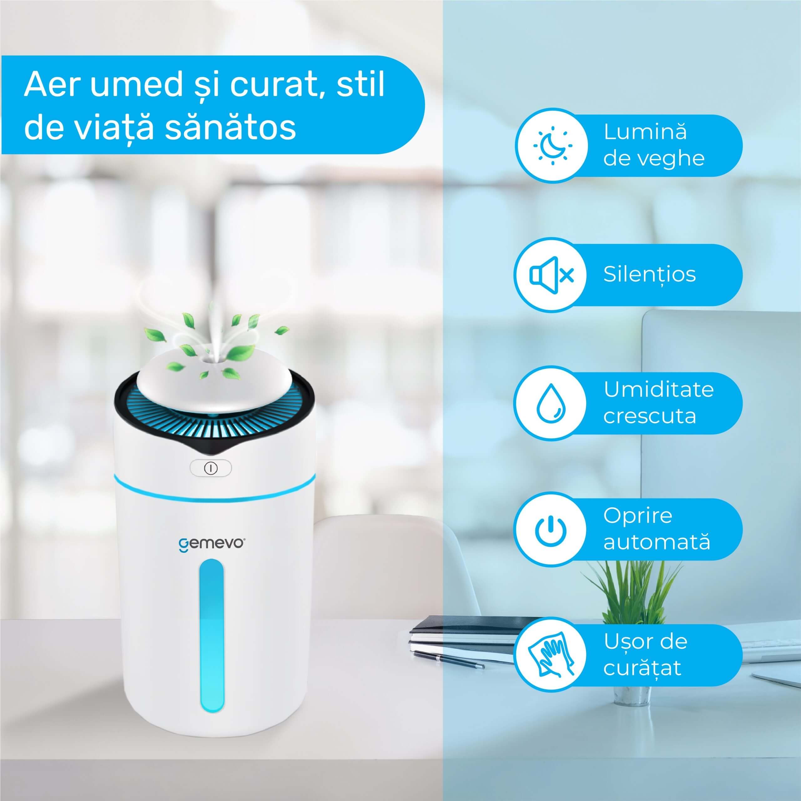 Umidificator de aer aromaterapie Ultrasonic Gemevo®, Alb